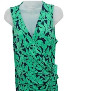 London Times Green Leaf Print Sleeveless Wrap Dress